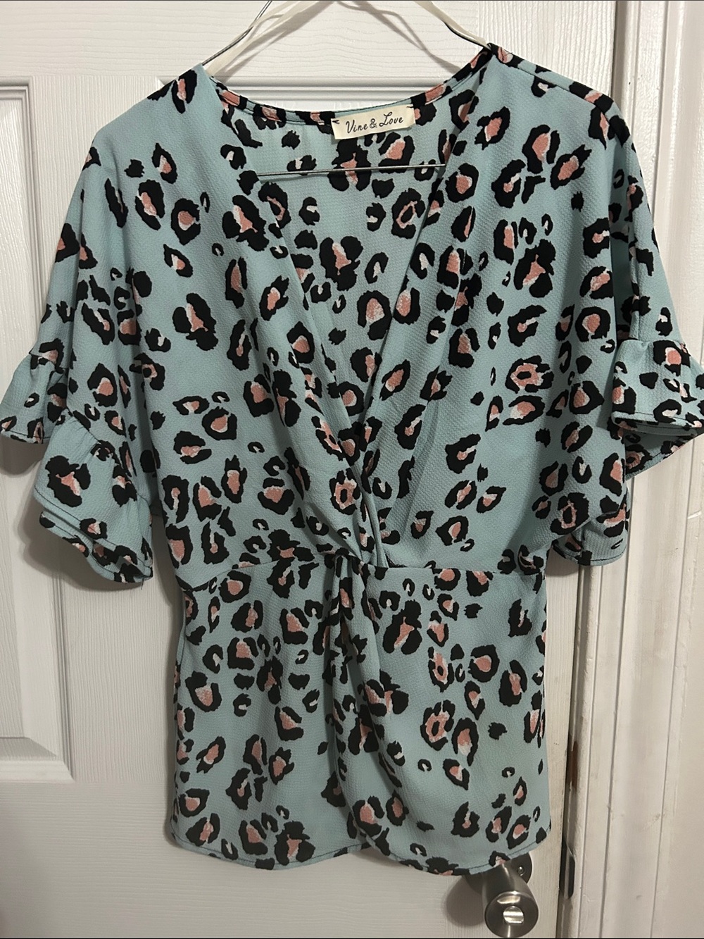 Vine & Love Aqua Leopard Print Knot-Front Top